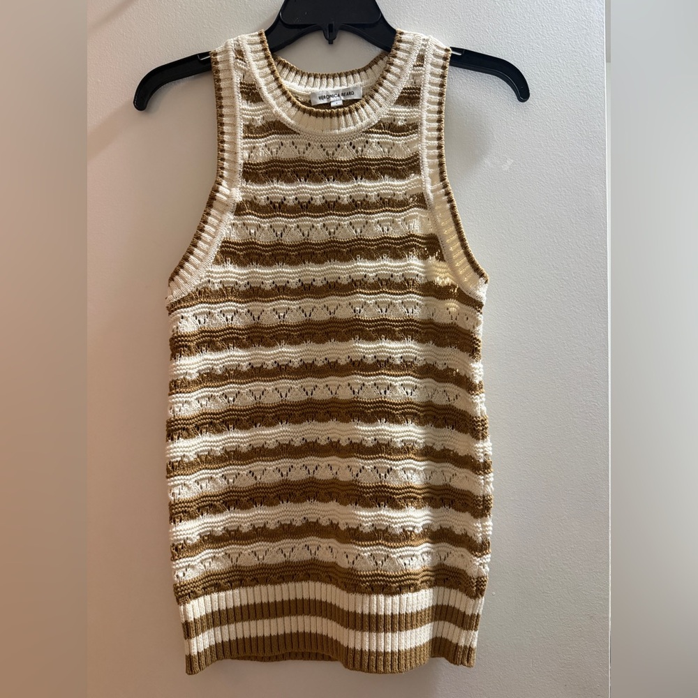 Veronica Beard Cream and Brown Striped Knit Vest